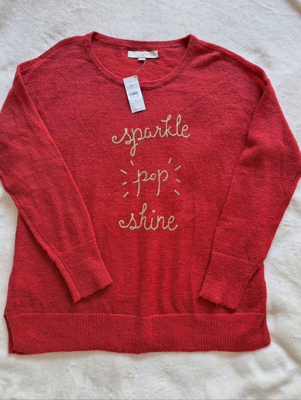 Loft NWT Red Sparkle Pop Shine Embroidered Mohair Wool Blend Sweater Large